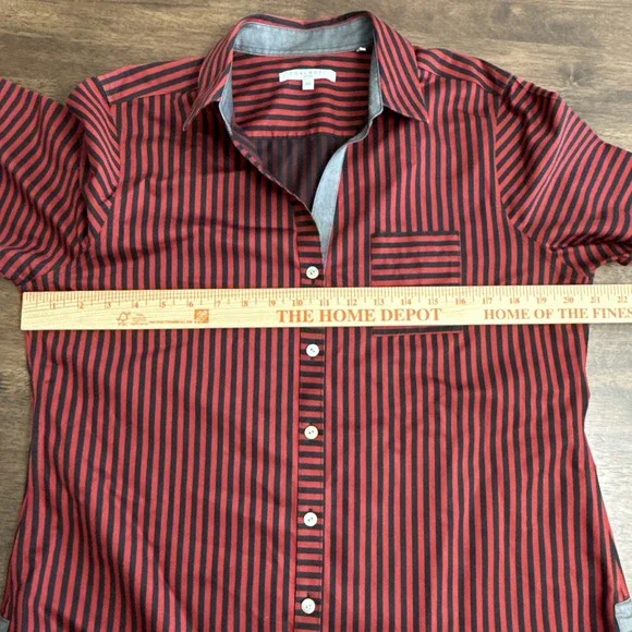 Foxcroft Top Womens 14P Red Black Striped Button Down Up Shirt Non Iron - Picture 7 of 7